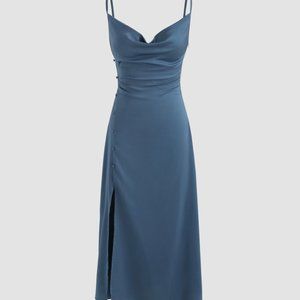 Cider Solid Cowl Neck Slit Midi Dress in Blue XS